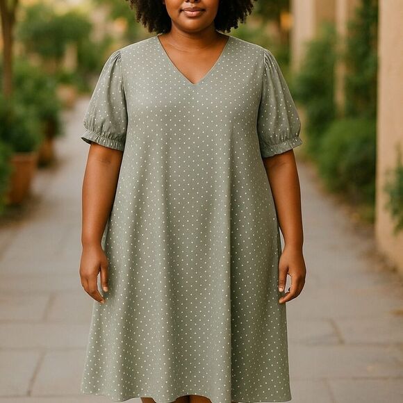 Davi & Dani Dresses & Skirts - Davi & Dani Women's 2XL Green Polka Dot V-Neck Knee Length Dress